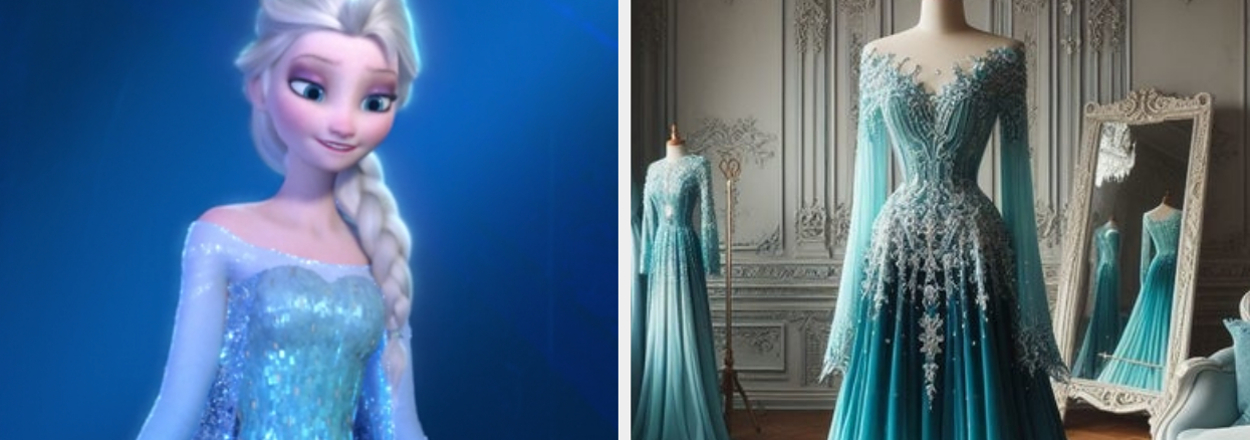 On the left, Elsa from Frozen, and on the right a dress similar to Elsa's on a mannequin