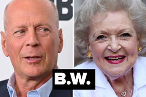 Split image with Bruce Willis on the left and Betty White on the right, both smiling