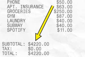 Receipt with highlighted budget items, subtotal of $4220, emphasizing high expenses