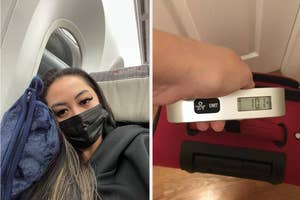a travel pillow and a luggage scale