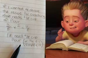 "Animated character Dash from 'The Incredibles' thinking beside math homework that explains doubling 3/8 cup of flour."