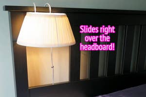 Headboard lamp with a pull-cord hanging over a bed, text highlights it easily slides over the headboard