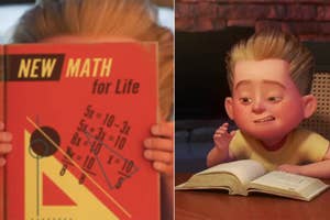 Animated boy with a concerned expression looking at a "New Math for Life" book