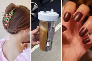 A trio of images: a model wearing a strawberry claw clip, a divided drinking bottle, and a reviewer wearing burgundy-colored nail polish