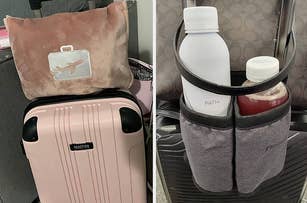 a travel blanket and pillow and a luggage caddy