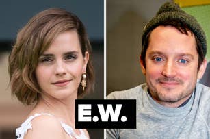 Side-by-side portraits of Emma Watson with an elegant hairstyle and Elijah Wood wearing a beanie hat, with initials E.W. below