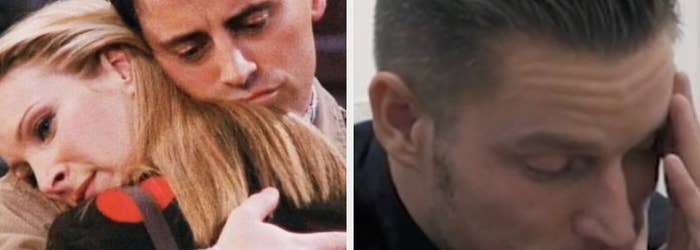 Two side-by-side scenes: Left shows TV characters comforting each other; right depicts a man with a hand on his forehead, looking troubled