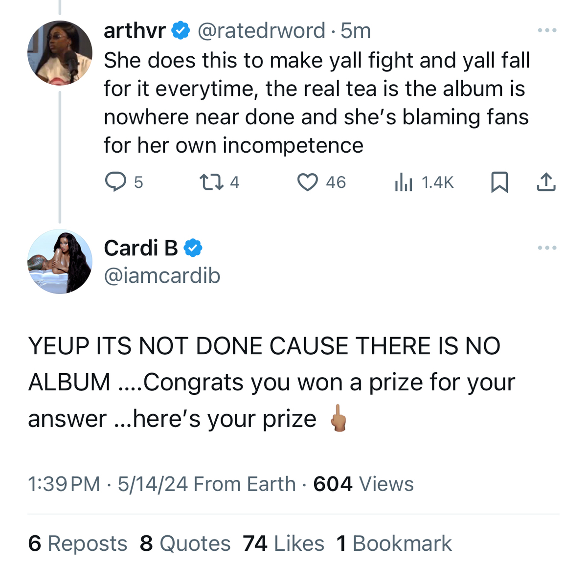 Screenshots of tweets from Cardi B responding to a critique about her album progress