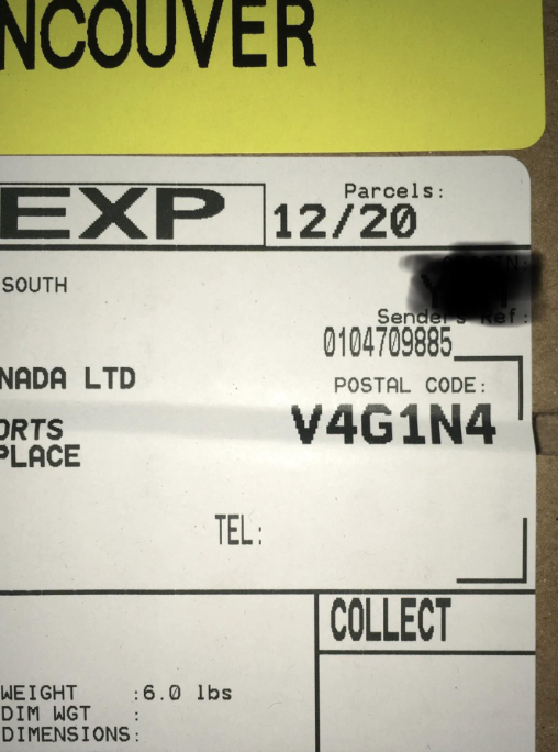 Shipping label with obscured sender information and a Vancouver destination address