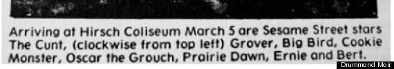 A newspaper clipping of Sesame Street characters with a typo in the caption