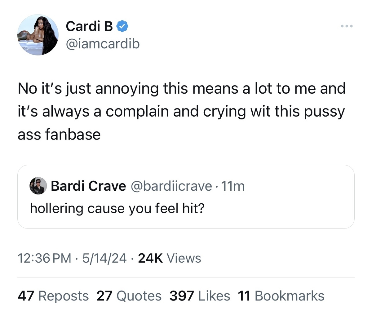 Tweet from Cardi B expressing frustration with her fanbase, including a reply tweet questioning her sentiment