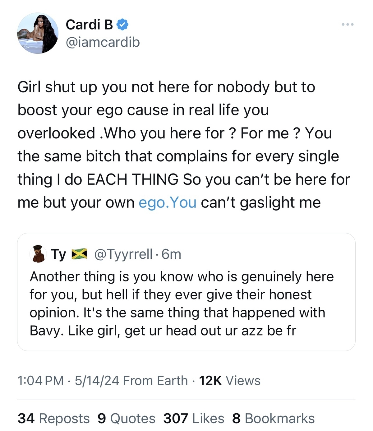 Cardi B exchanges tweets with user Tyrell; discusses authenticity and not being gaslighted in a public conversation