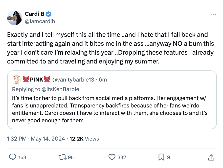 Cardi B tweets about not releasing a new album this year and stopping features, responding to a fan&#x27;s comment about fan entitlement