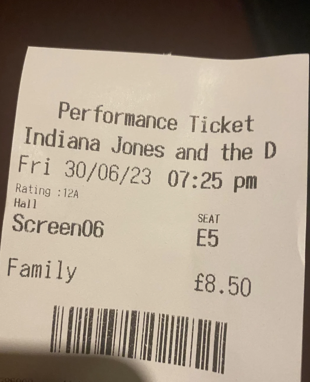 Movie ticket for &quot;Indiana Jones and the D&quot;, dated Friday with the showtime at 7:25 PM, hall 02A, seat E5, priced at £8.50