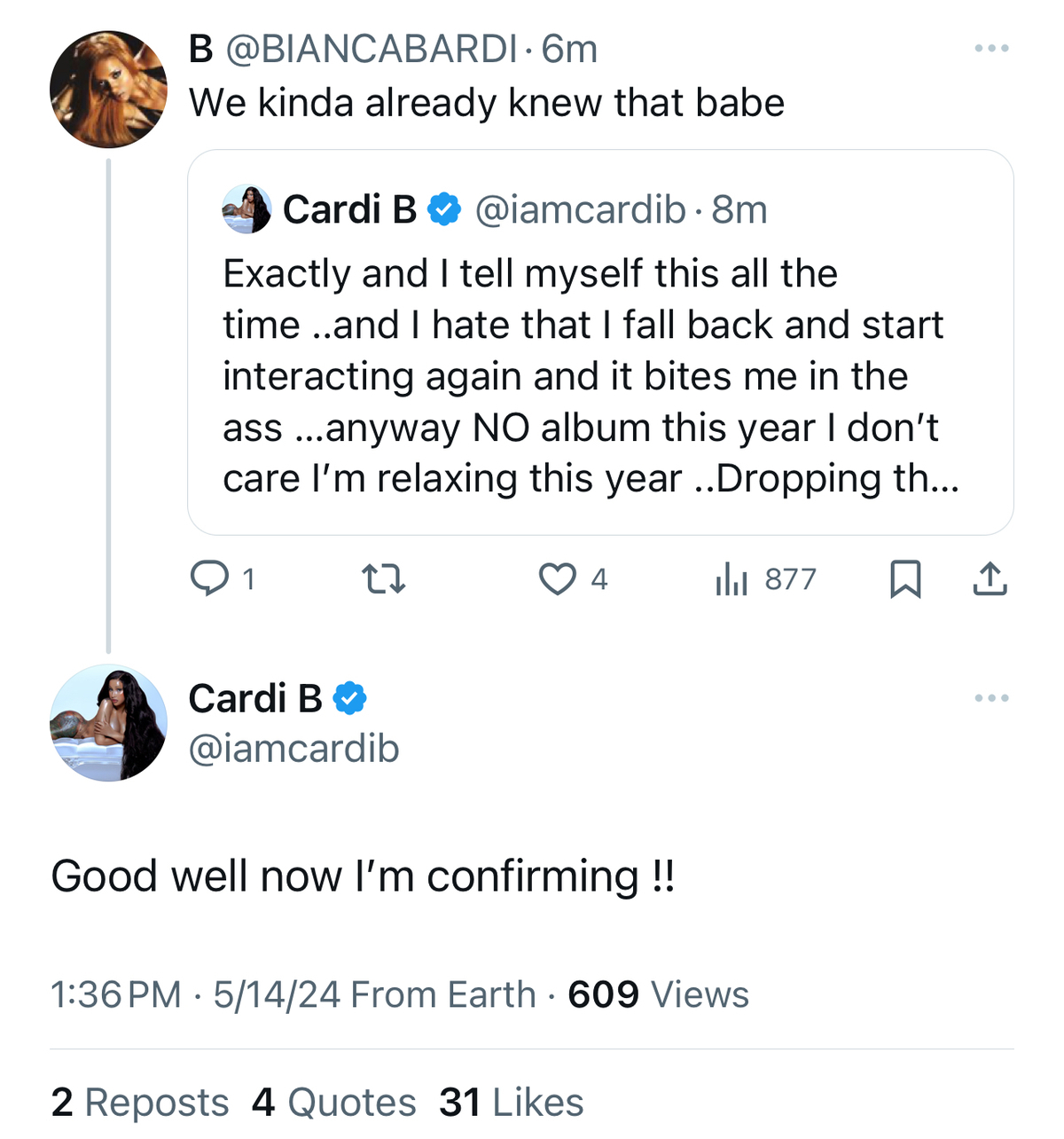 Two tweets by Cardi B discussing personal thoughts on not rushing her music album