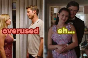 Two TV show scenes with text "overused" and "eh..." indicating clichéd moments