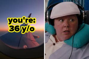Airplane wing at sunset; split image with Melissa McCarthy wearing a helmet and neck pillow