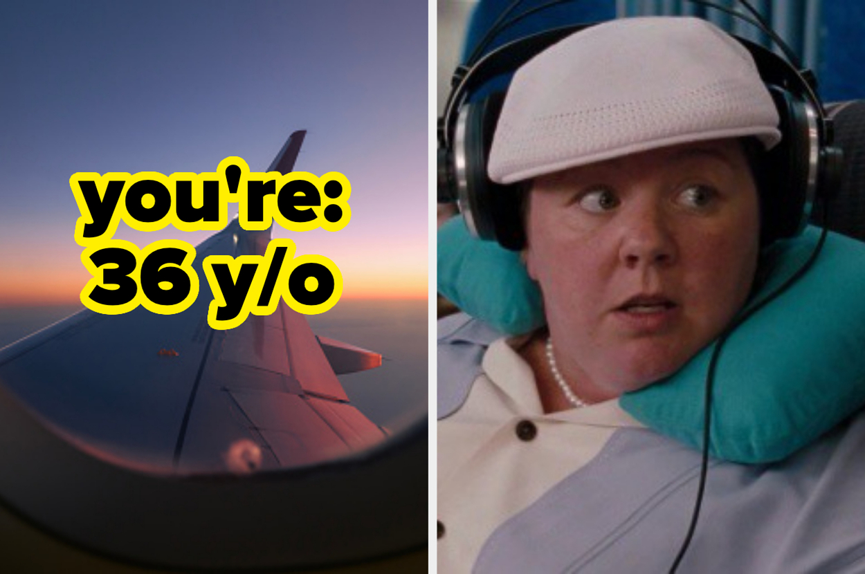 Airplane wing at sunset; split image with Melissa McCarthy wearing a helmet and neck pillow