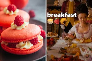 Two images: Left shows a stack of macarons with cream and raspberries. Right is a still from "Bridgerton" with a character at a breakfast table