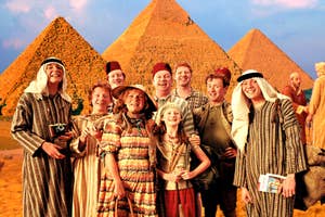 The Weasley family posing in front of pyramids