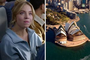Split image: left shows a woman in a hoodie on a plane, right is the Sydney Opera House from above
