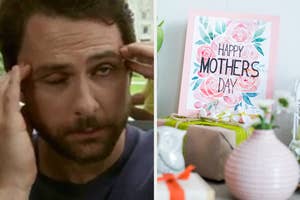 Man with a worried expression on his face, splitting a split screen with a Mother's Day card on a table next to a vase