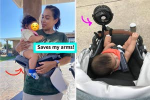 reviewer holding their baby with help from hip carrier and reviewer's baby in a stroller with a black fan attached