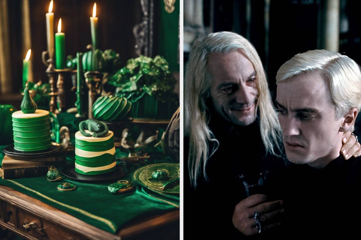 A themed cake with Slytherin house colors on a table; Lucius and Draco Malfoy from Harry Potter
