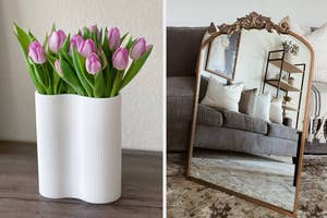 Two images: Left shows tulips in a ceramic vase, right is a stylish mirror reflecting a room's interior