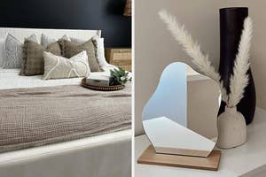 Left: A neatly made bed with decorative pillows. Right: A vase with feathers next to a heart-shaped mirror