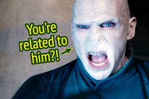 Close-up of Lord Voldemort from Harry Potter, looking aggressive with text "You're related to him?!"