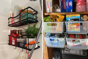 reviewer's black wall-mounted shower shelves holding bottles / reviewer's slide-out baskets holding pantry snacks