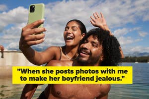 A couple takes a selfie by a lake; text implies sharing photos to provoke jealousy