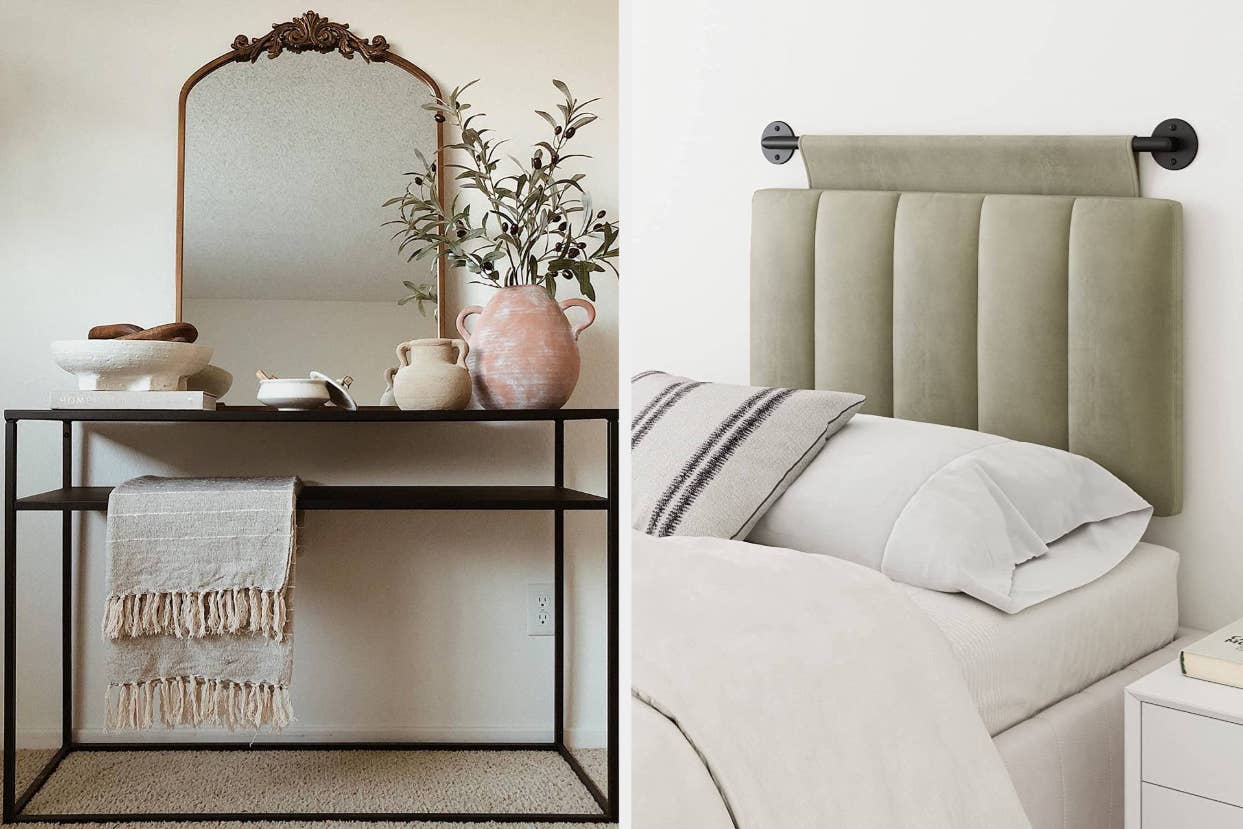 Two images of home decor items: one showcases a vanity table with a mirror, the other a bed with a plush headboard