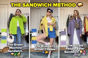 Three poses of a woman demonstrating 'The Sandwich Method' fashion, with varied layered outfits and playful stances