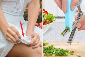 left, person with a magnetic dress weight; Right, using herb scissors to slice chives