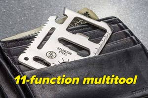Stainless steel 11-function multitool in a wallet