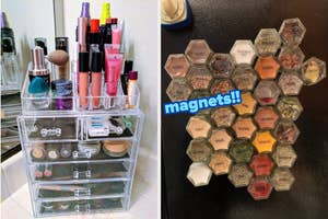 reviewer's makeup organized in clear drawers / reviewer's magnetic spice containers on fridge