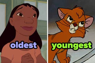 On the left, Nani from Lilo and Stitch labeled oldest, and on the right, Oliver from Oliver and Company labeled youngest