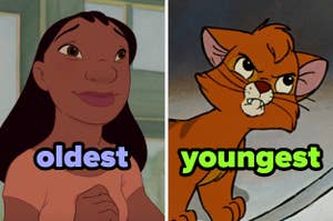 On the left, Nani from Lilo and Stitch labeled oldest, and on the right, Oliver from Oliver and Company labeled youngest