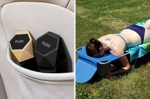 (left) car trash (right) lounge chair