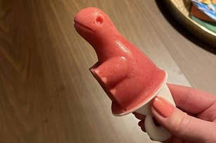reviewer holding ice pop shaped like a dinosaur