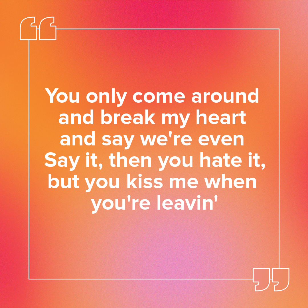 Lyrics excerpt displayed on gradient background, expressing feelings of heartbreak and conflicting actions