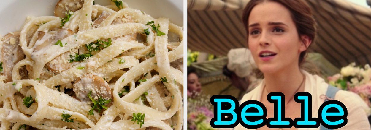 On the left, some fettuccine Alfredo, and on the right, Emma Watson as Belle in Beauty and the Beast