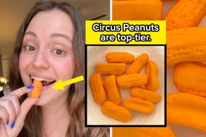 Woman smiling, holding a Circus Peanut candy; inset of candies with text "Circus Peanuts are top-tier."