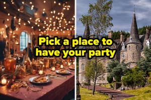 Two options for a party: an indoor setting with lit candles and string lights, and an outdoor view of a castle