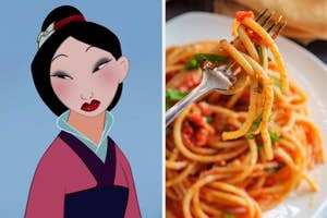 On the left, Mulan, and on the right, someone twirling spaghetti on a fork