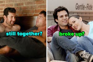 Split image: left side shows two men lounging, text "still together?"; right side, a man and woman smiling, text "broke up?"