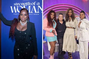 Mary J. Blige, Queen Latifah, Missy Elliott, and Brandy pose together at the Strength of a Woman Festival