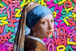Painting of Johannes Vermeer's Girl with a Pearl Earring against a colorful alphabet background